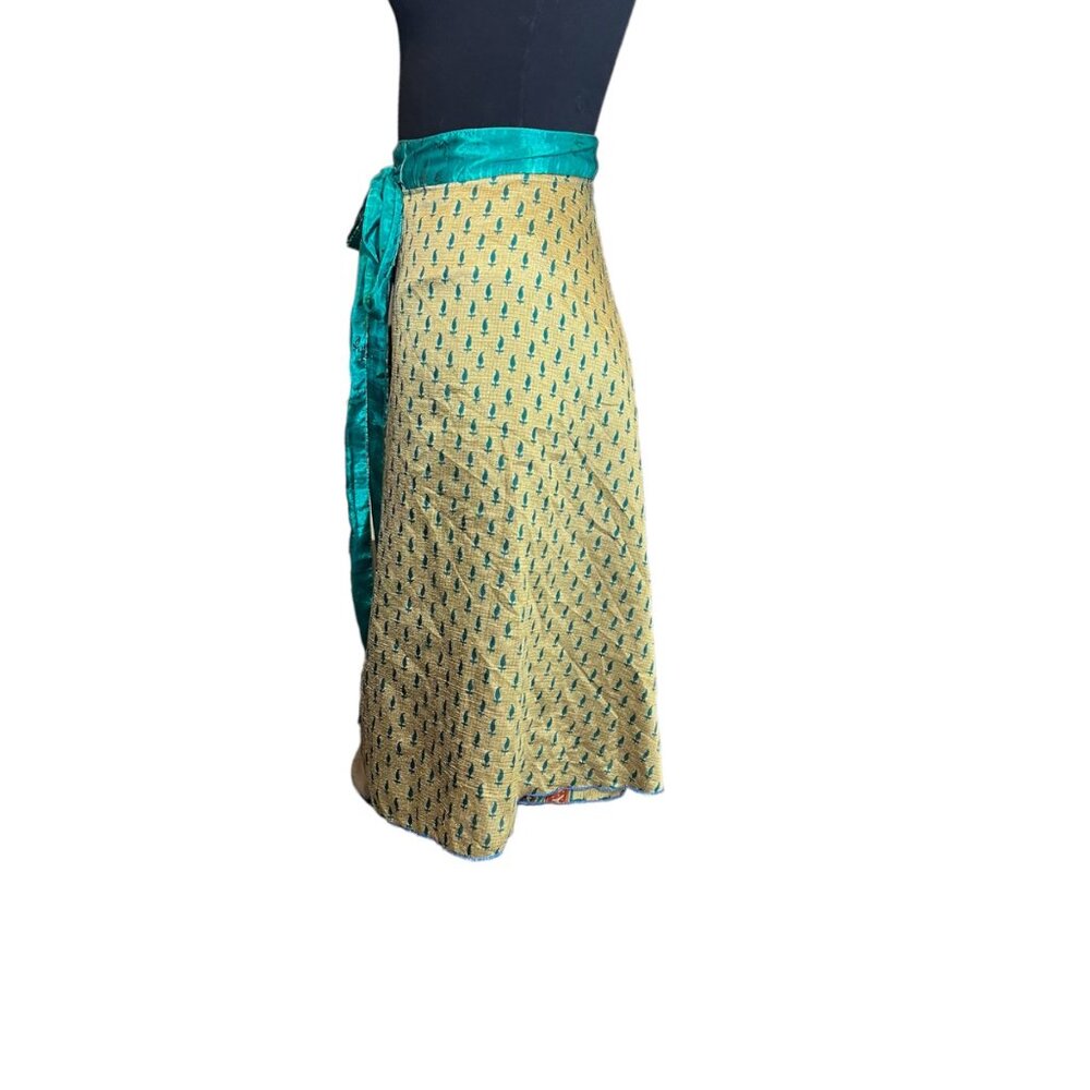 Wevez Wrap Skirt One Size Silk Blend Gold Teal Maroon Boho Womens Tie Waist Midi - Picture 4 of 10